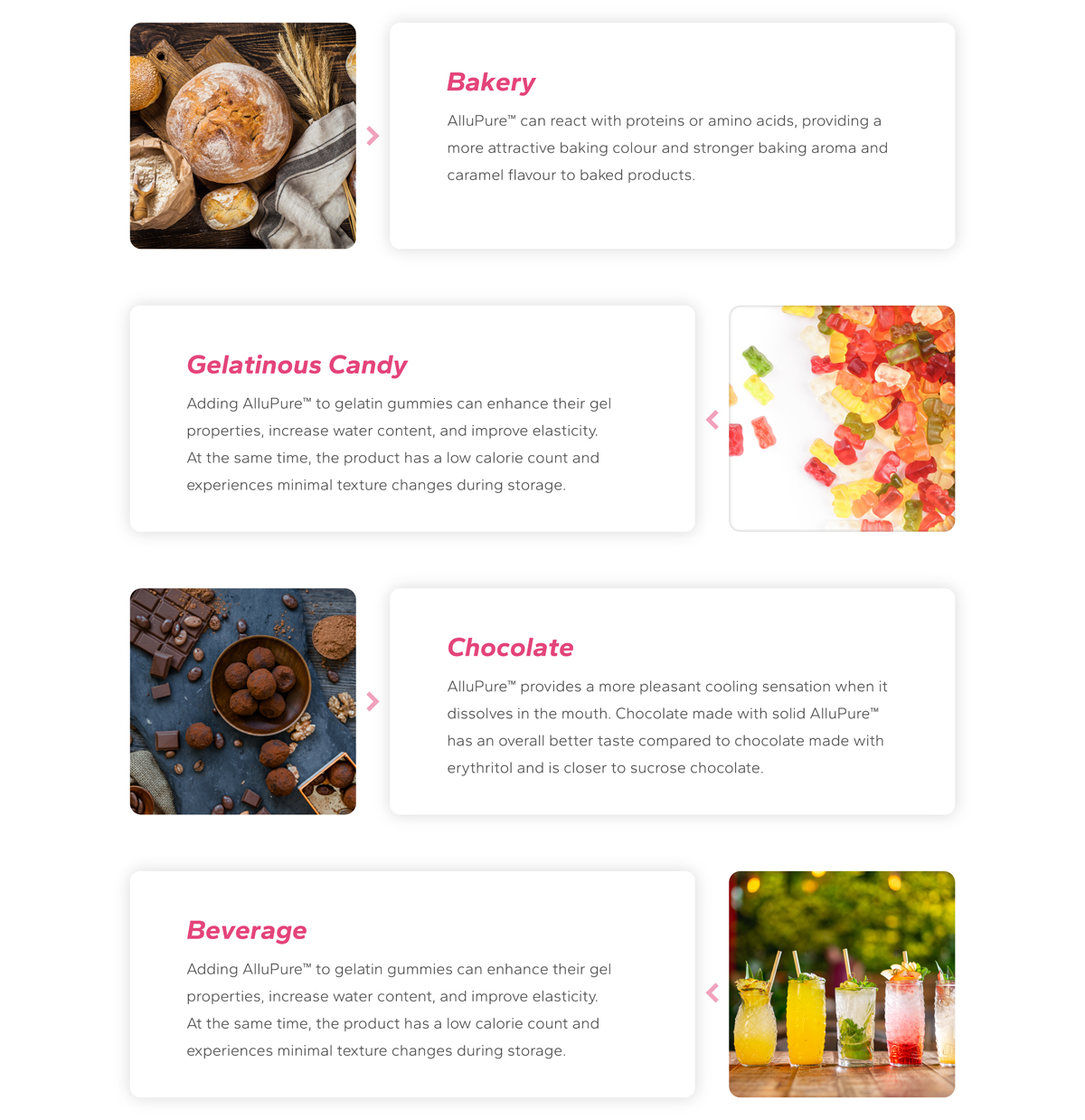 Applications of Ingia AlluPure™ in bakery, candy, chocolate, and beverage