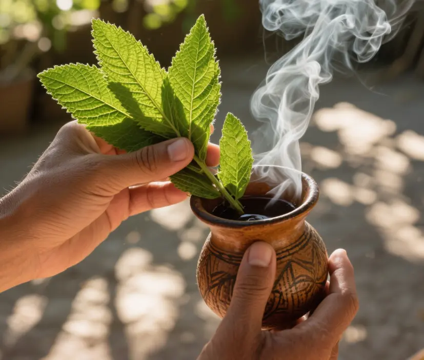 stevia leaves into a traditional South American gourd cup filled with mate tea stevia leaves into a traditional South American gourd cup filled with mate tea